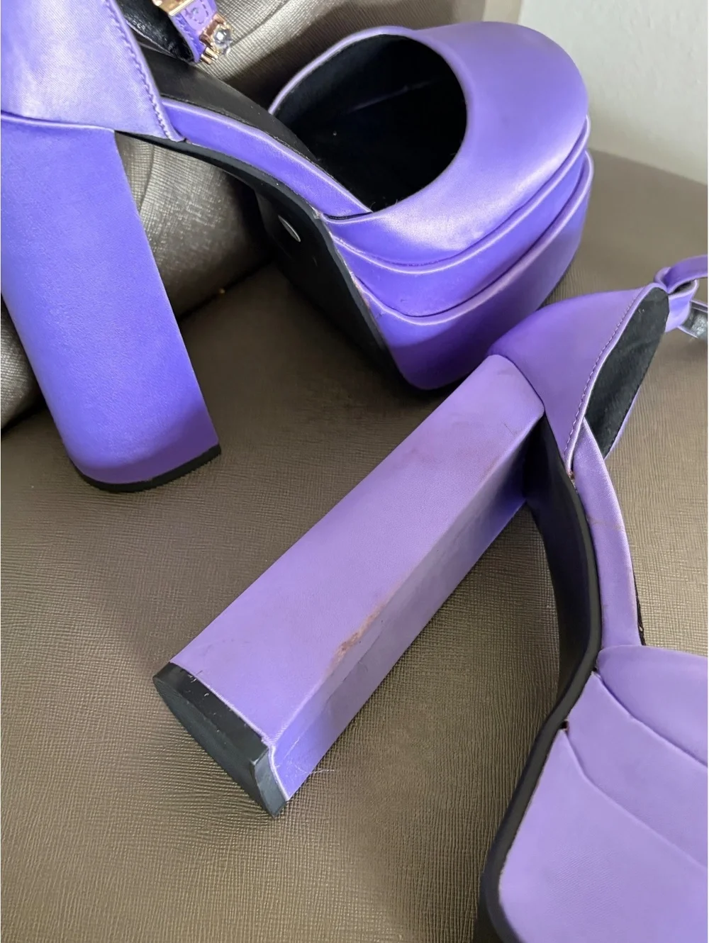 Y2K Purple Satin Platform Heels Size 8 Rhinestone Chunky High Heels
